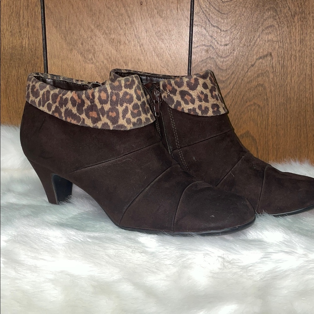 AEROSOLES Dark Brown Ankle Boots with Leopard Accent
